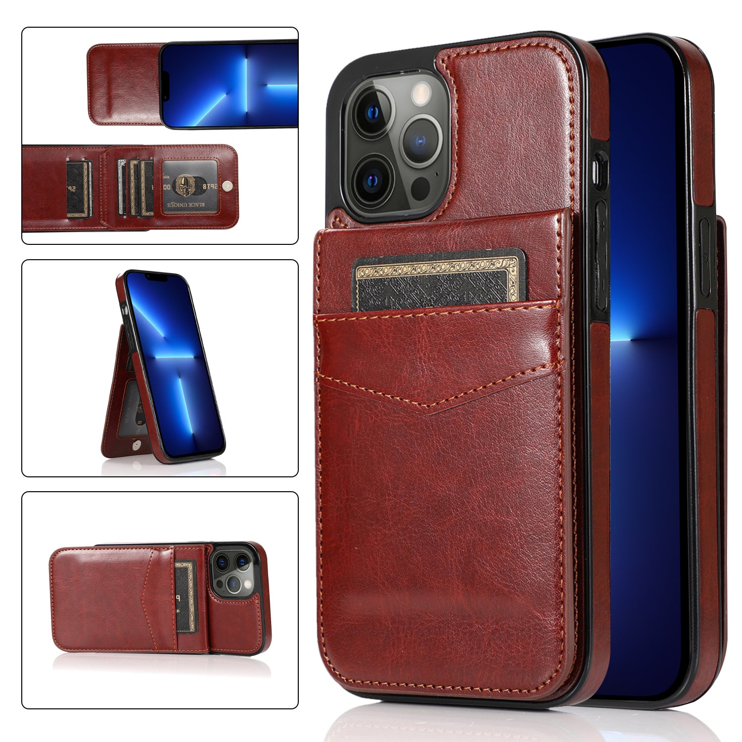For iPhone 13 Pro Max Card Slots Phone Kickstand Case PU Leather Coated TPU Back Cover For iPhone 13 Pro Max Card Slots Phone Kickstand Case PU Leather Coated TPU Back Cover